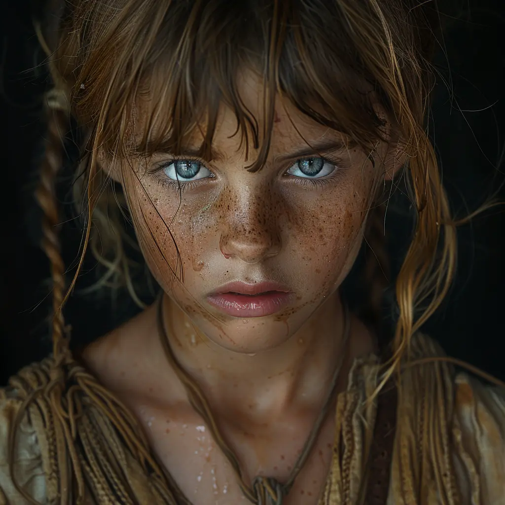 Young pioneer girl's tearstained face conveys profound sadness, anger from loss but also resilience to face the difficult path ahead.