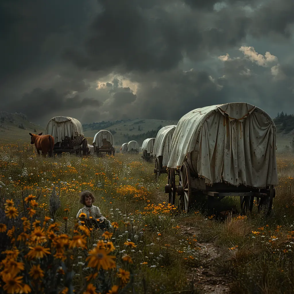 Aerial view of wagon train on vast prairie, zooming in on young girl with doll in wagon, looking fearful and wistful.