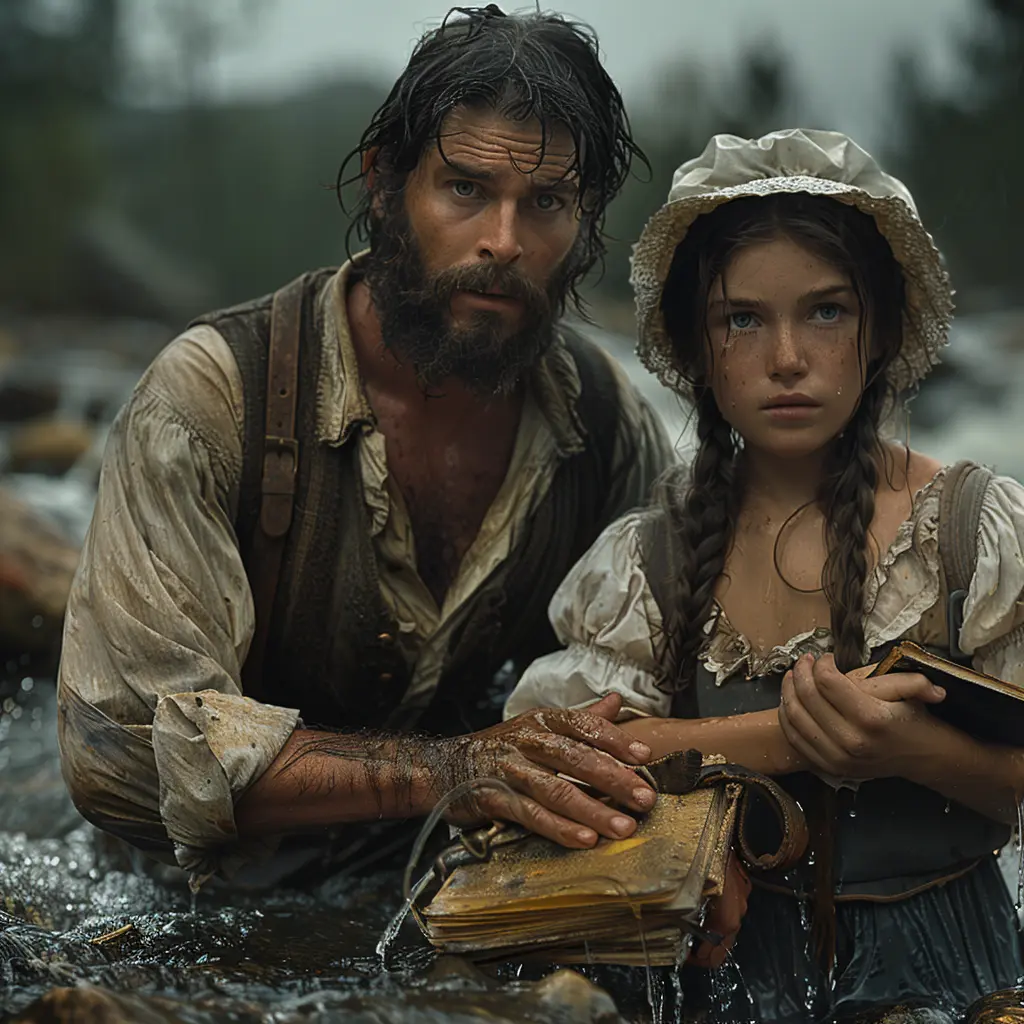 Aerial view: Wagon train crosses vast prairie at sunset. Eagle soars overhead, symbolizing freedom and danger.