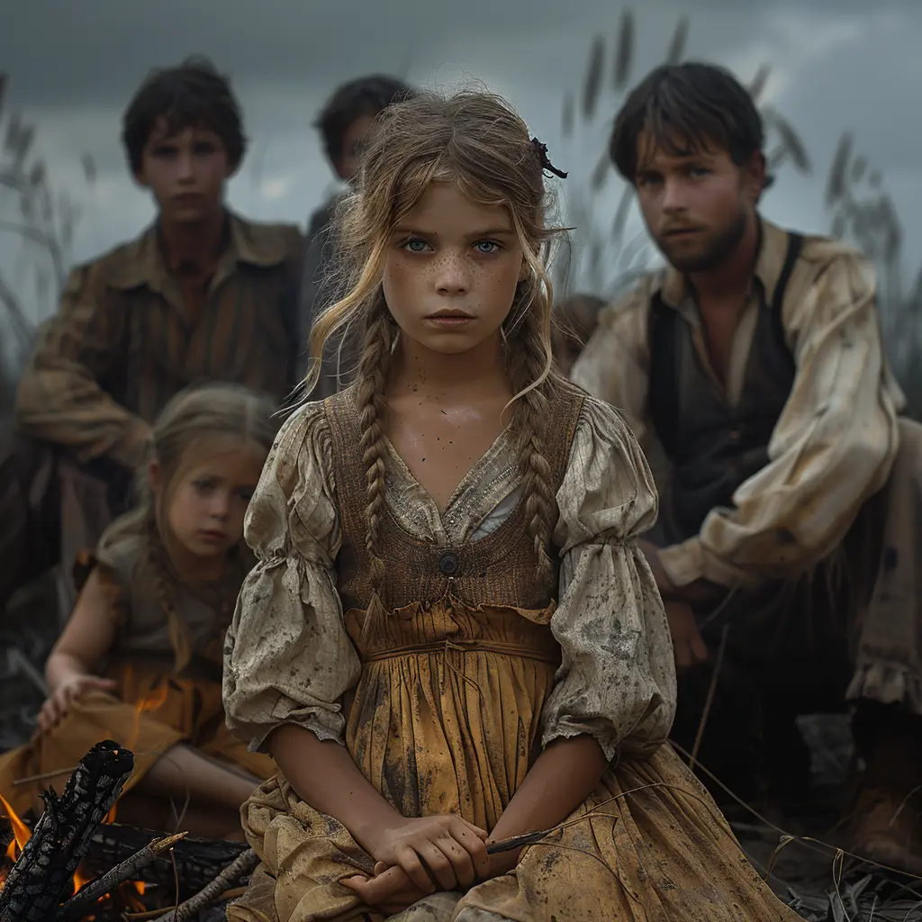 Bird's-eye view of wagon train at dusk, forming circle on vast prairie. Lone girl silhouette sits apart, conveying isolation.