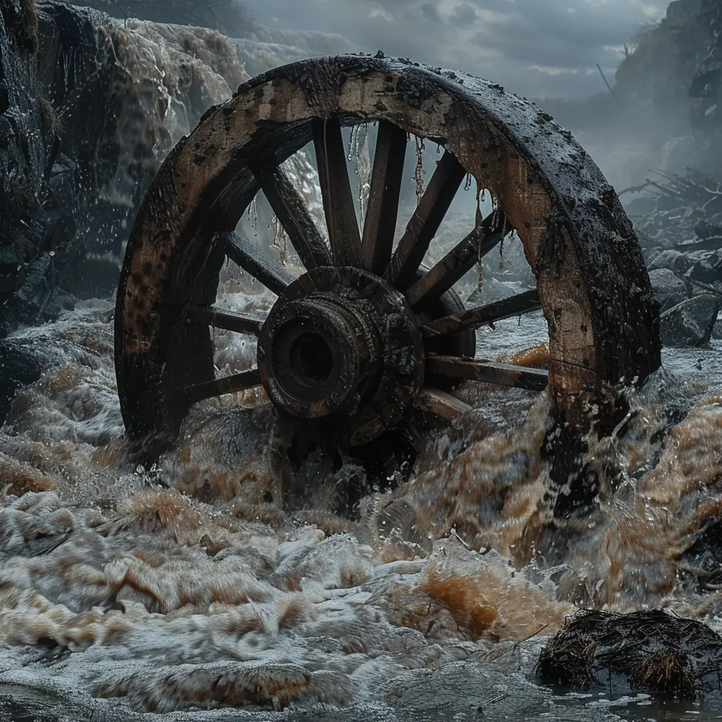 Old wooden wagon wheel turning in a river, splashing water and creating eddies, symbolizing pioneer perseverance.