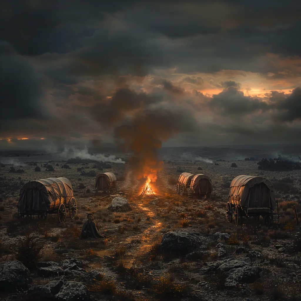 Bird's-eye view of wagon train at dusk, forming circle on vast prairie. Lone girl silhouette sits apart, conveying isolation.
