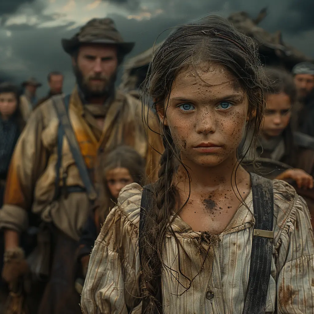 Aerial view of covered wagon train on prairie. One wagon shows figure jumping out, highlighting pioneer journey dangers.