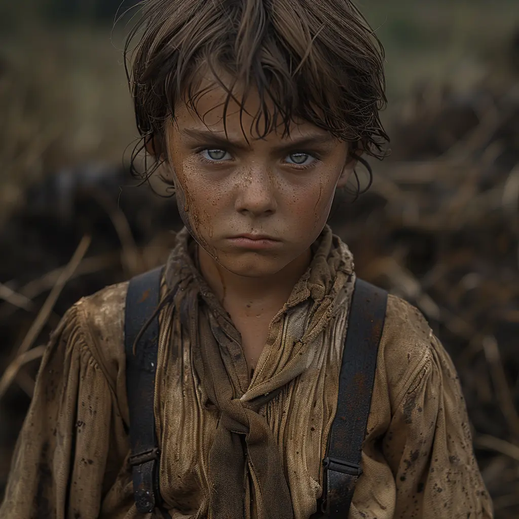 Boy of 12 trudges wearily on Oregon Trail, scowling face, clenched fists, tears in eyes from hardships of journey, burdened frame.