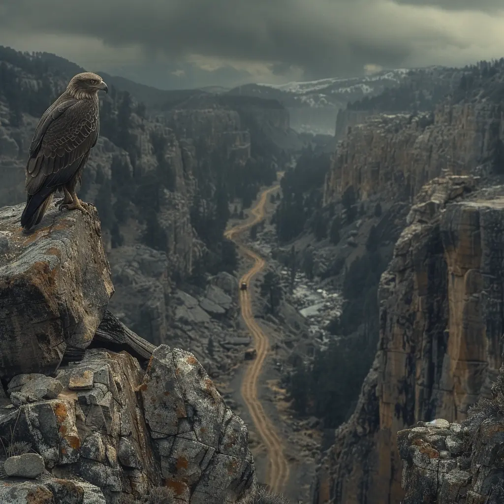 Bird's-eye view of Oregon Trail: wagon train dots winding path through rugged wilderness, eagle watches from tree