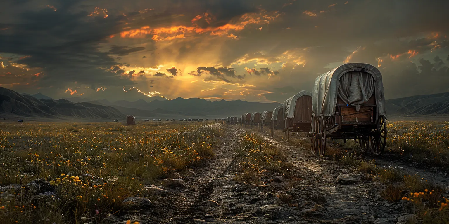 Covered wagons on Oregon Trail at sunset, dusty path stretches to distant mountains under colorful sky