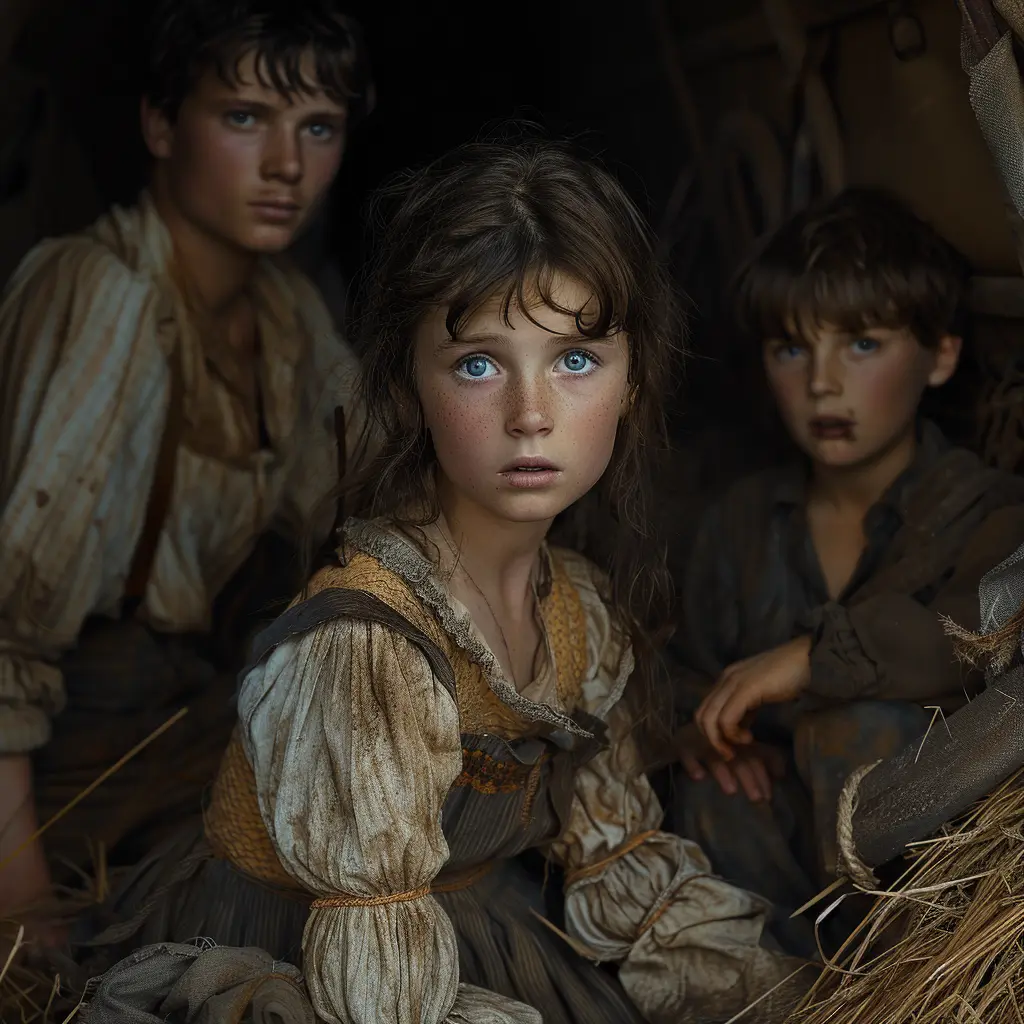 Aerial view of wagon train on vast prairie. Close-up shows young girl peering anxiously from covered wagon.