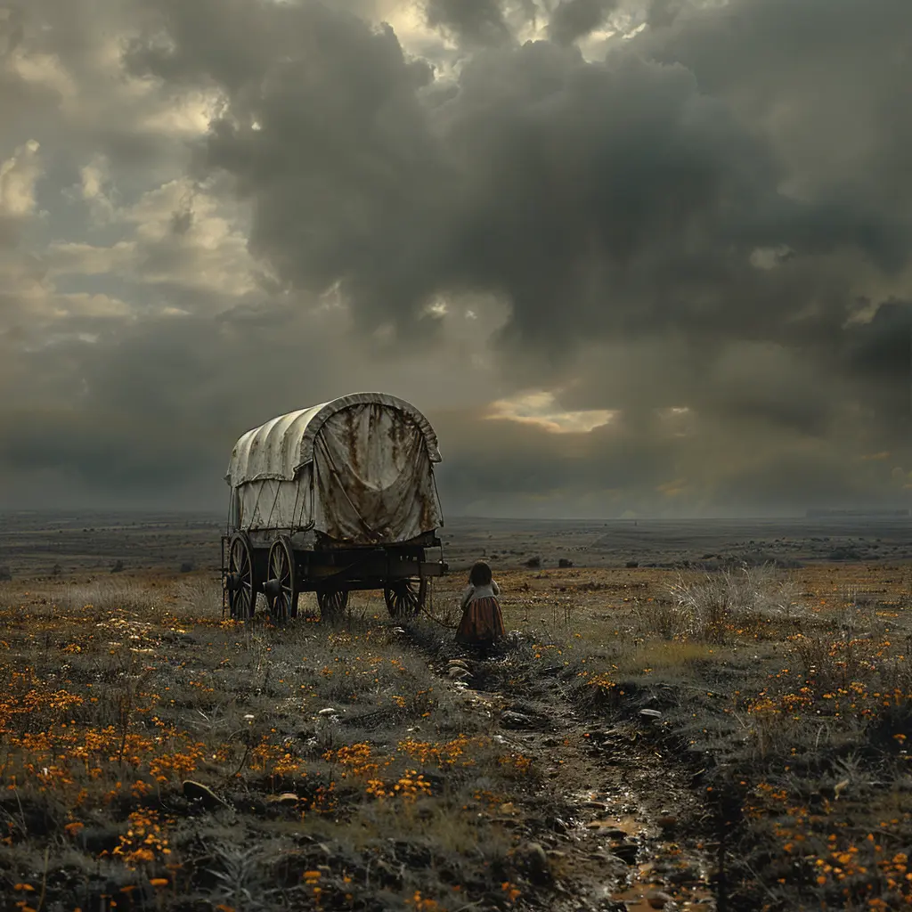 Covered wagon on hill, vast prairie beyond. Small girl in foreground gazes at daunting landscape ahead.