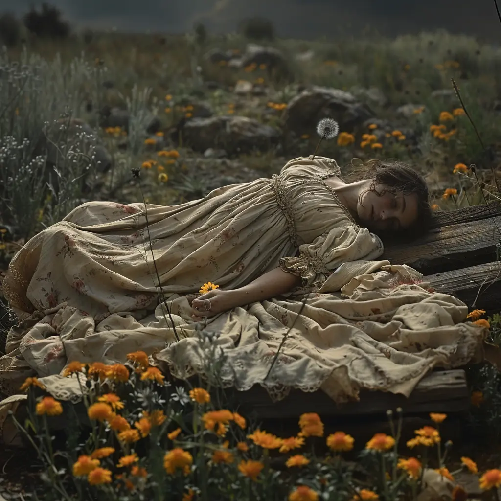 Faded calico dress scrap on wagon, wildflowers in ruts, dandelion seed drifting through canvas tear against vast landscape.