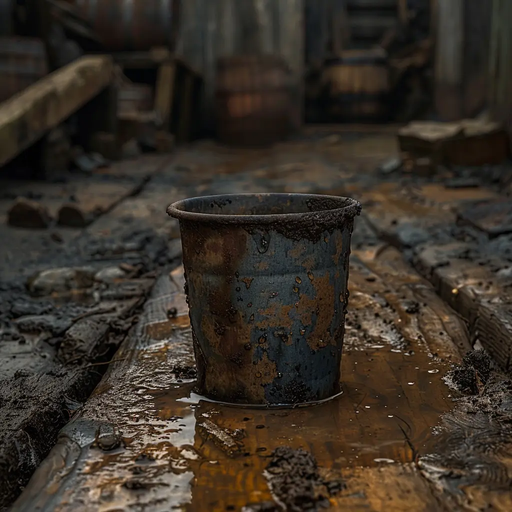 Weathered tin cup overturned on dusty wagon bed, spilled water evaporating, reflecting sunlight on Oregon Trail