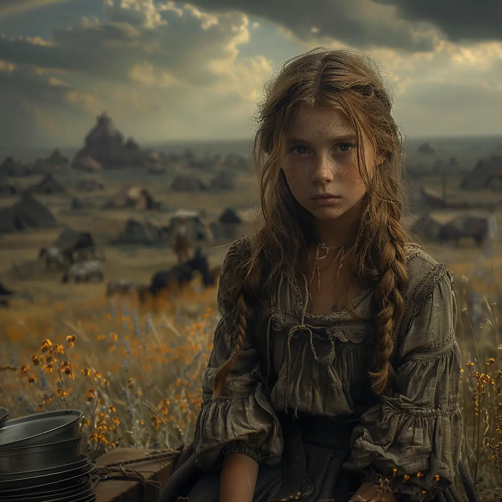 Aerial view of wagon train on prairie. Close-up of young girl Eliza sitting on wagon, steadying plates.