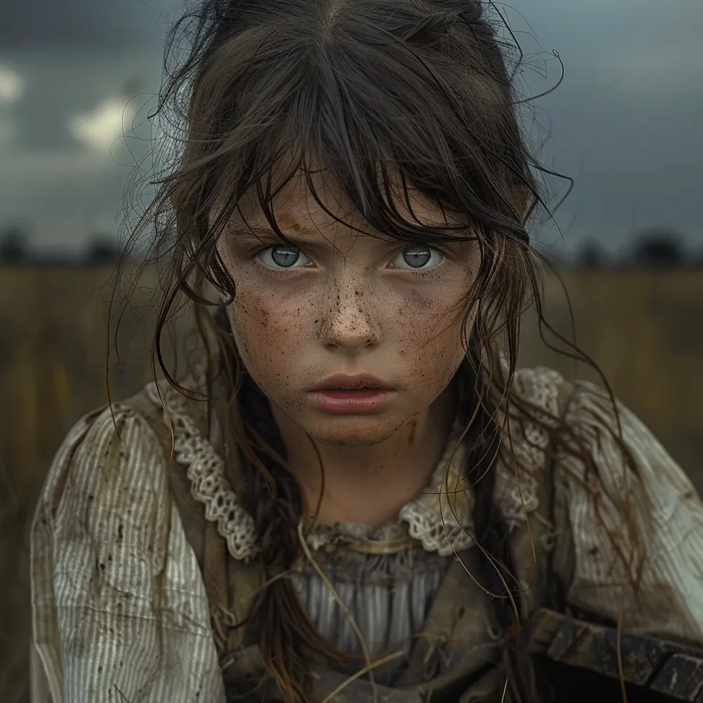 Tired 12-year-old pioneer girl with tousled hair, worried expression, holding crate, scanning prairie landscape