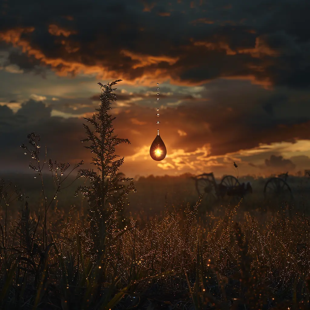 Water droplet on prairie grass blade at sunset, reflecting light. Blurred wagon wheel in background.