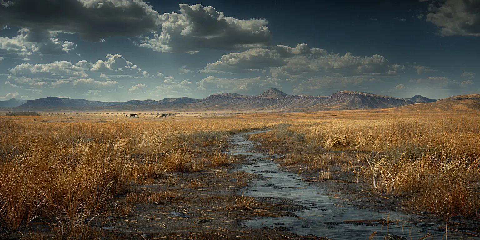 Sun-drenched prairie with Oregon Trail, distant covered wagons, and mountains on horizon. Creek in foreground.