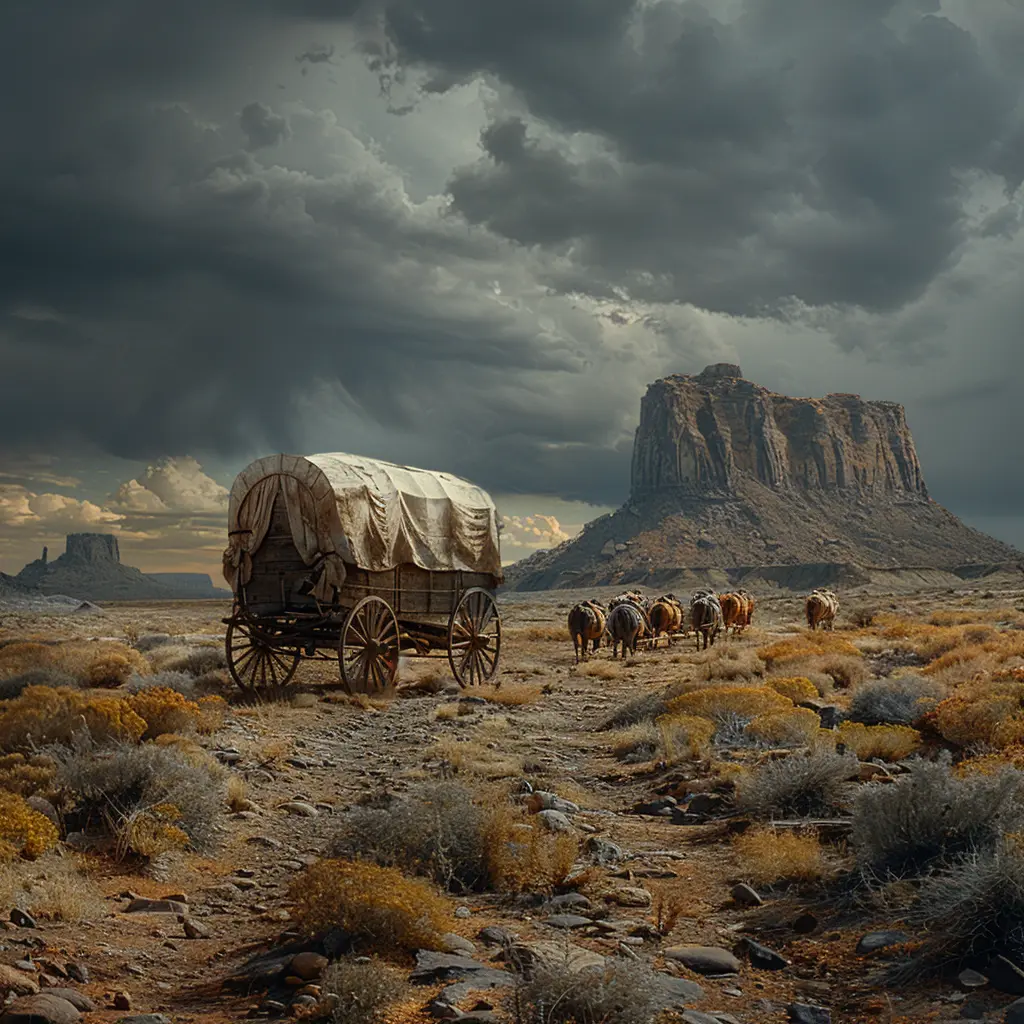 Covered wagon view of Oregon Trail, tiny wagon train dwarfed by vast prairie landscape with buttes/mesas on horizon.