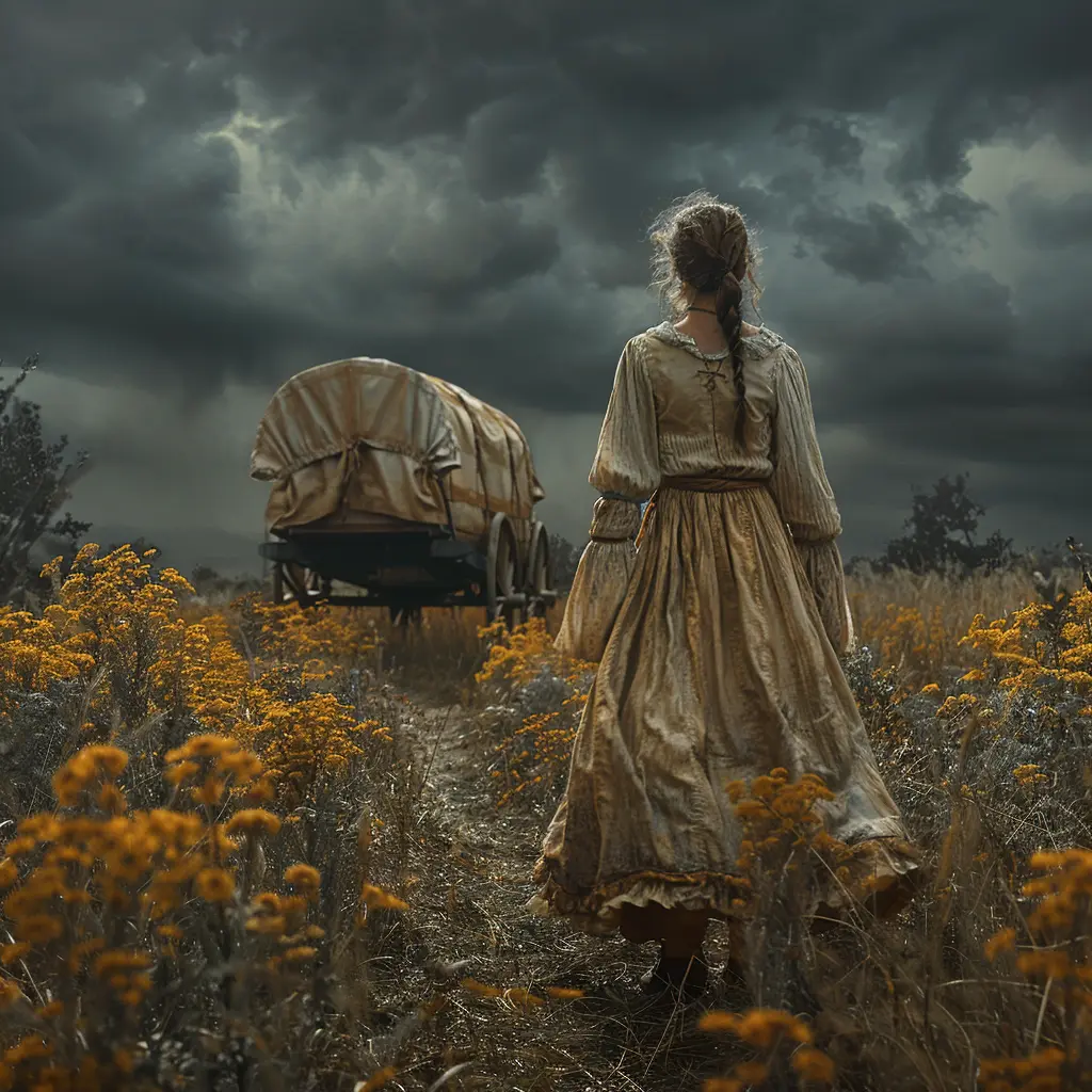 Young girl in wagon peers hollowly across desolate prairie after losing mother, flickering spark of resilience remains amidst grief.