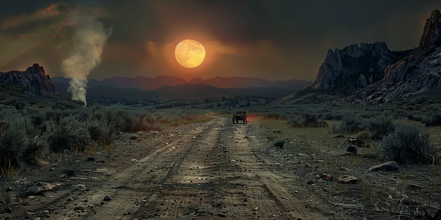 Sunset over rugged landscape with wagon trail ruts, distant campfire smoke in harsh frontier wilderness.