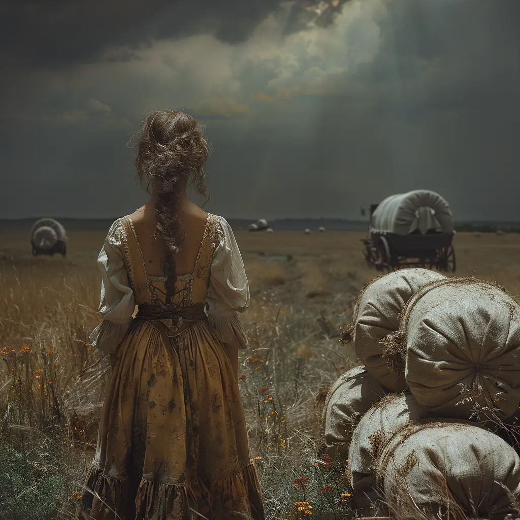 Young pioneer girl stands alone on vast prairie, wagon train in distance, conveying isolation and uncertainty