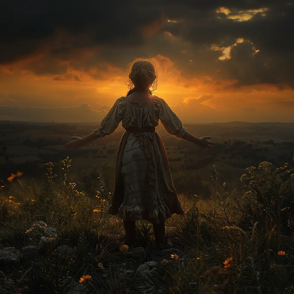 Young girl silhouetted on hill, arms outstretched, overlooking vast prairie with distant wagon train at golden sunset<br>