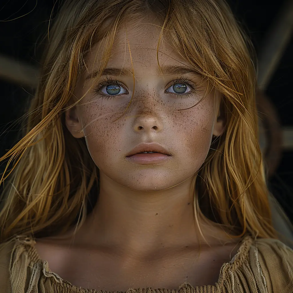 Young pioneer girl with wonder-filled eyes gazes at prairie dawn, her face alight with hope and excitement