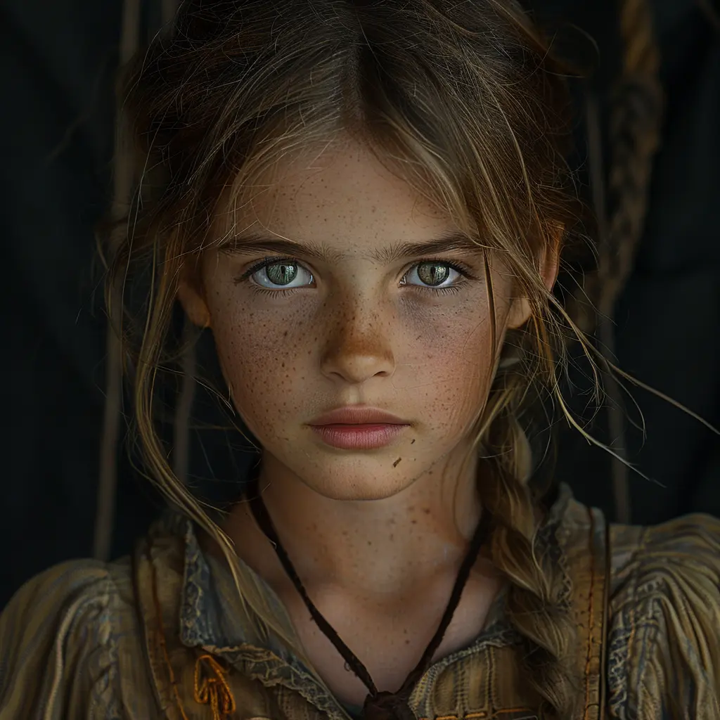 Portrait of determined 11-year-old pioneer girl Eliza, with wise eyes and subtle smile, in worn but neat dress