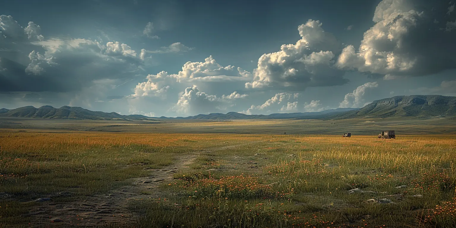Wagon train on dusty trail crossing sun-drenched prairie, rolling hills and wispy clouds in blue sky.<br>