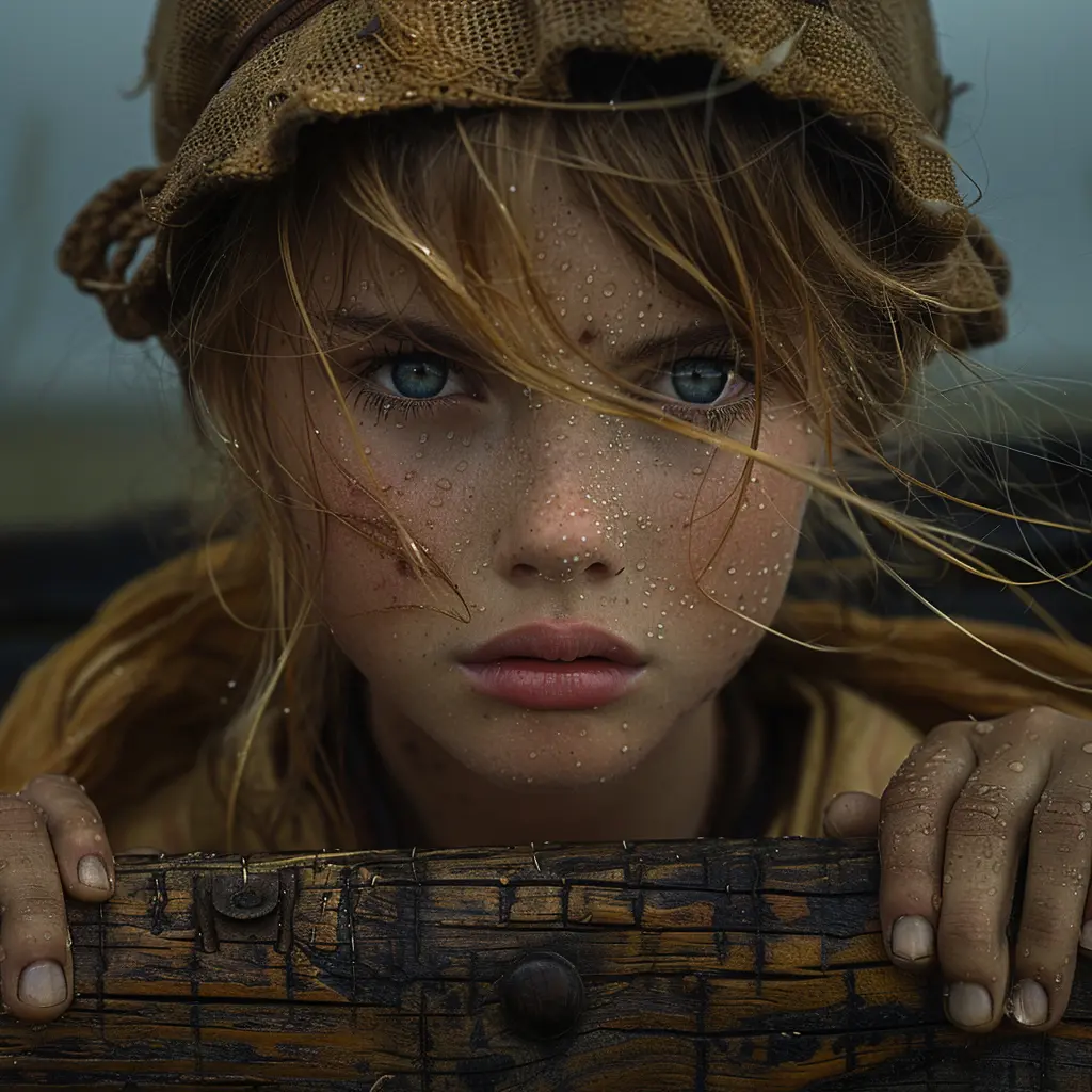 Young girl with haunting blue eyes, tear-streaked face, clutching wagon, gazing at prairie landscape behind.