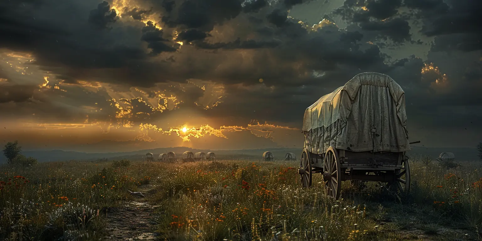 Vast prairie landscape with tall grass and wildflowers. Covered wagons traverse the Oregon Trail under a blue sky.