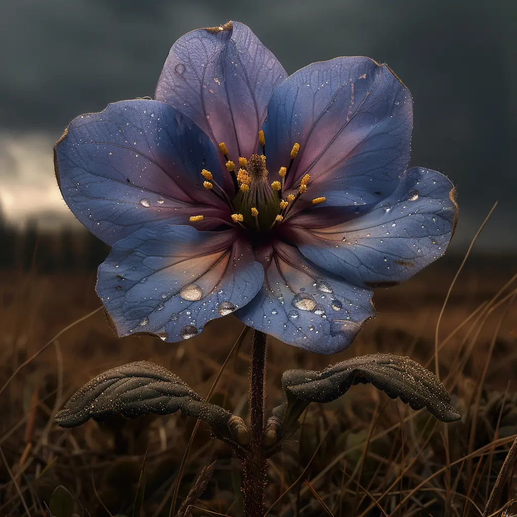 Purple wildflower with dewdrops in golden prairie grass, bending slightly in breeze, symbolizing resilience and hope.