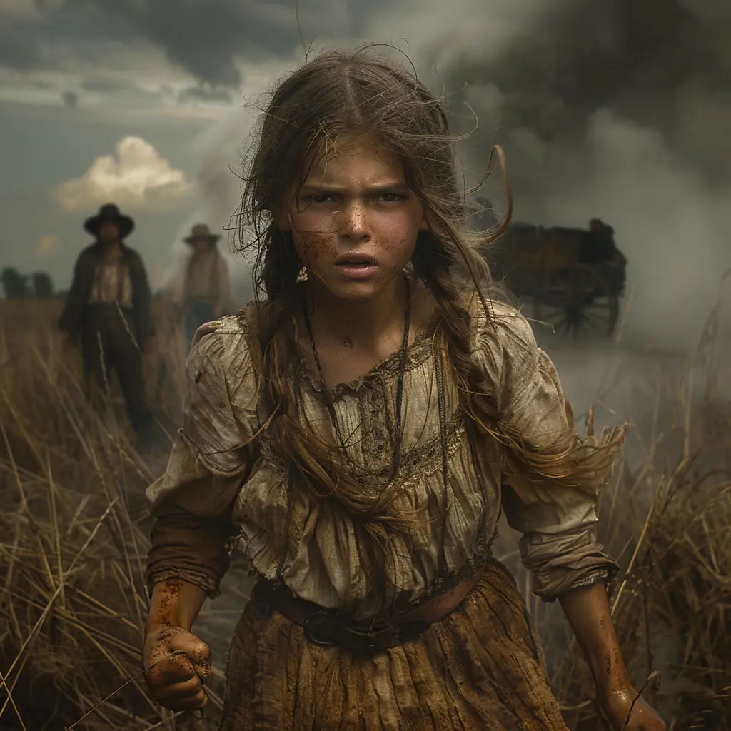Pioneer girl storms away furiously from covered wagon on Oregon Trail, surrounded by swirling embers mirroring her inner rage.
