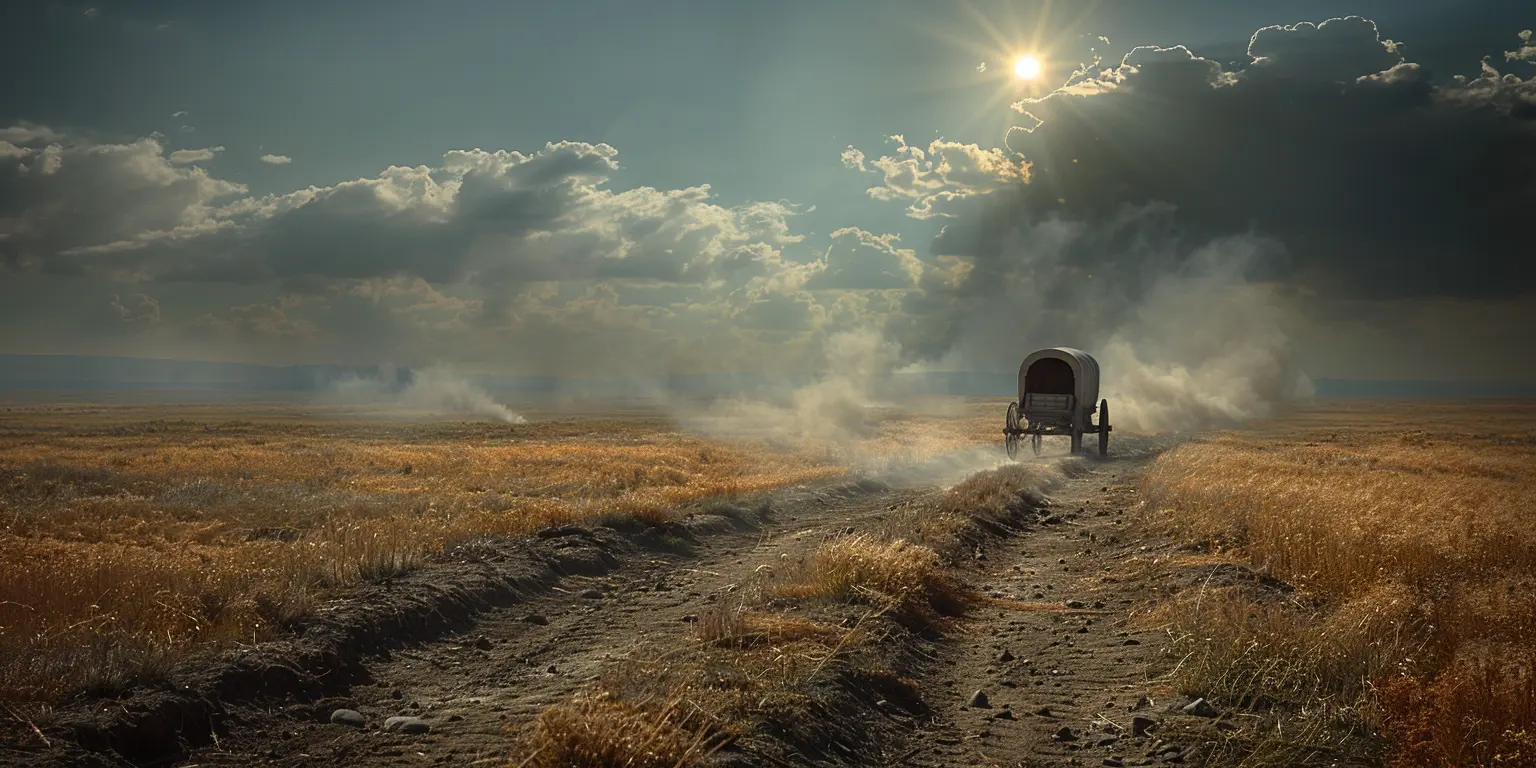 Golden prairie with Oregon Trail wagon ruts. Distant covered wagons move across vast landscape under blue sky.