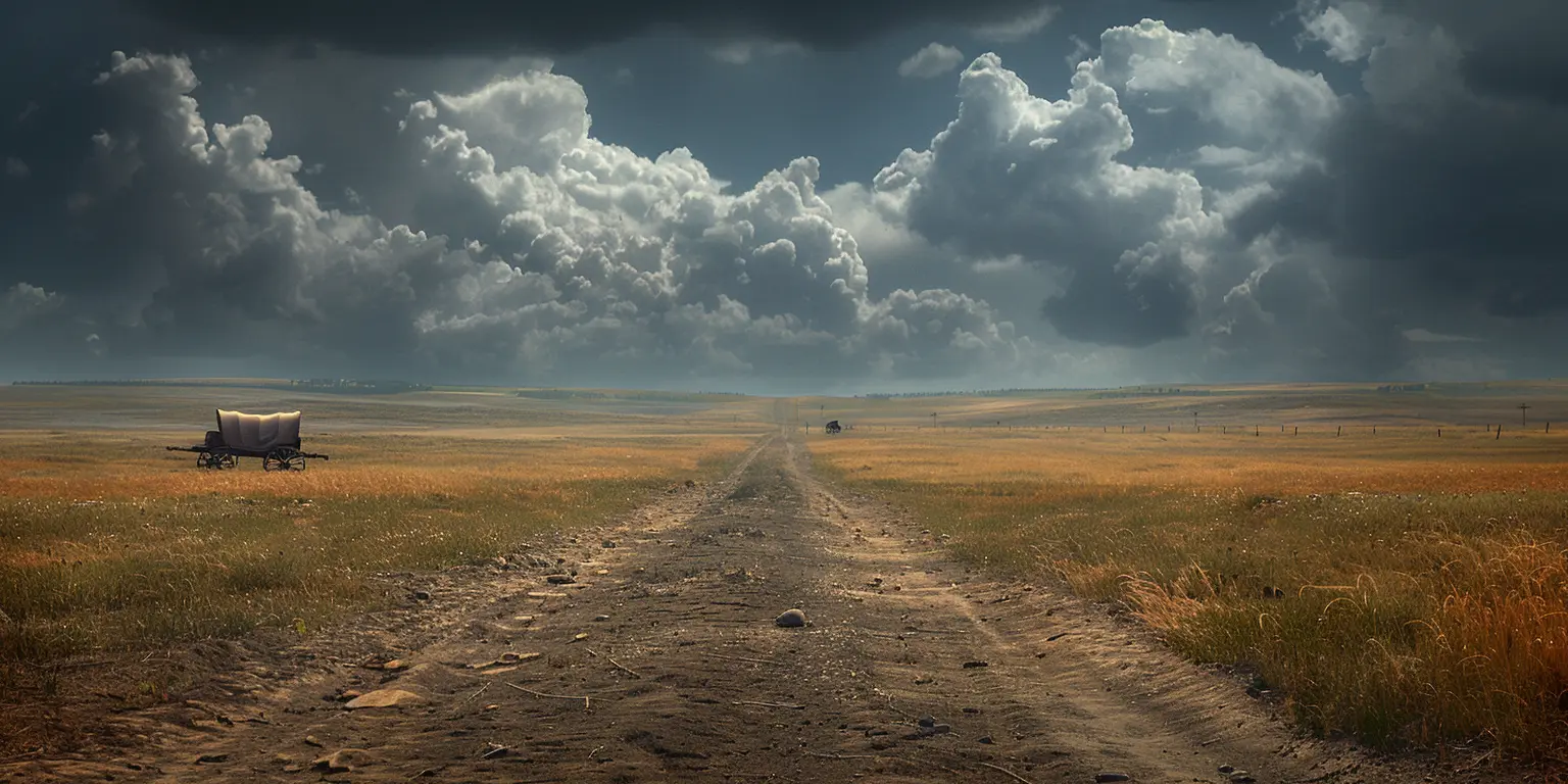 Golden prairie with Oregon Trail wagon ruts, distant covered wagons, and scattered grave markers under blue sky