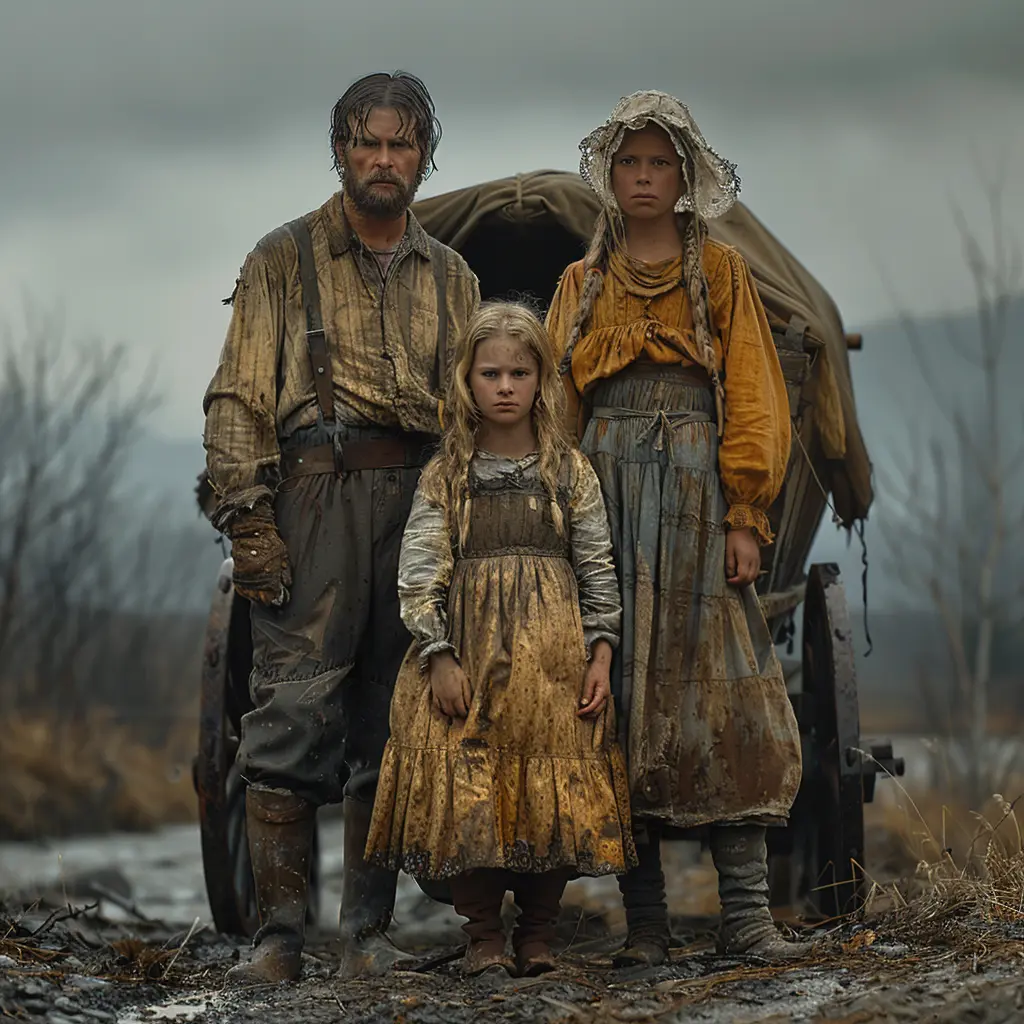 Lone covered wagon on vast prairie at sunset. Young girl gazes from wagon at golden horizon, symbolizing journey ahead.