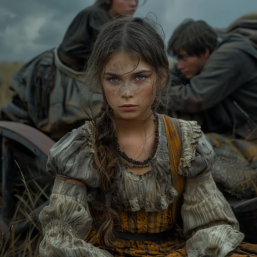 Covered wagon on dusty frontier, young girl silhouetted against canvas, gazing at distant horizon.