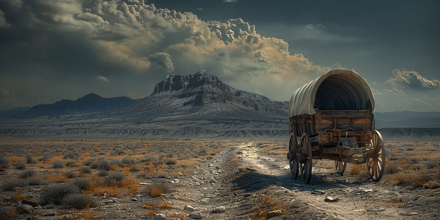 Broken wagon on dusty trail across prairie, distant jagged mountains under cloudless sky, obstacles ahead.<br>