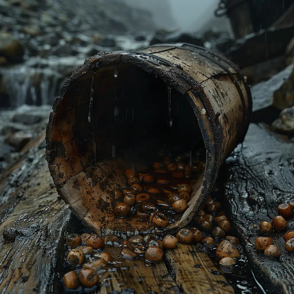 Weathered wooden bucket tipped over on wagon bed, spilling water. Sunlight reflects off droplets on worn surface.<br>