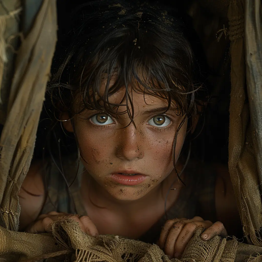 Scared young girl with dusty face peeks from covered wagon, clutching blanket. Golden light illuminates her anxious expression.