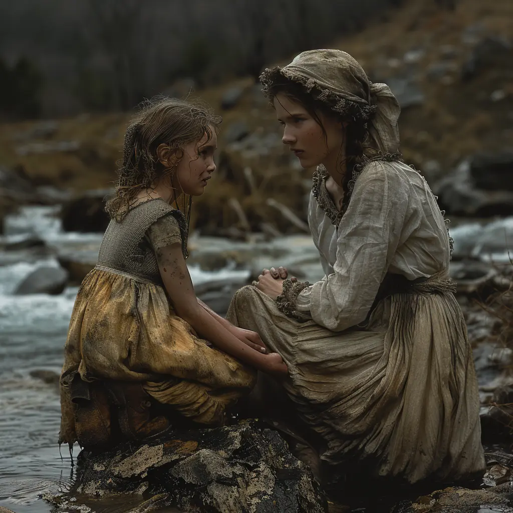 Sepia panorama: Covered wagons trek across vast prairie. Girl in foreground watches, embodying pioneer spirit.