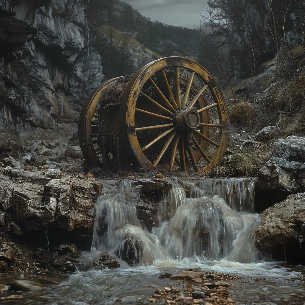 Old wooden wagon wheel partially submerged in a clear mountain stream, symbolizing pioneer journey on Oregon Trail