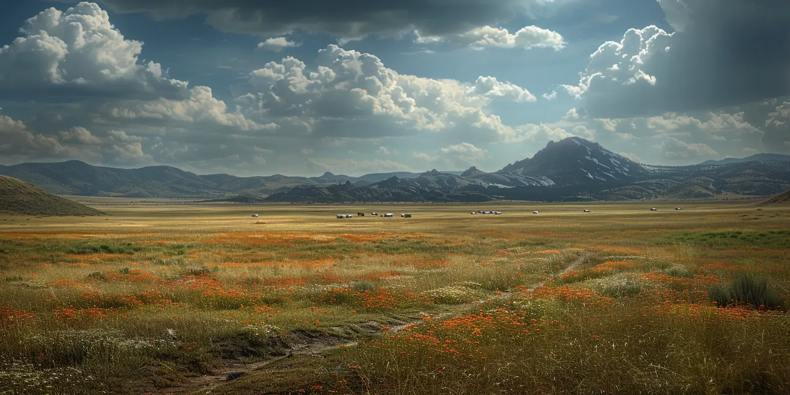 Golden prairie with Oregon Trail wagon ruts. Distant covered wagons move towards mountains under blue sky.