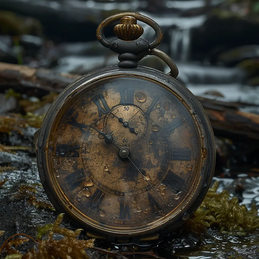 Weathered pocket watch on mossy rock by stream, open face cracked, hands frozen, reflecting twilight and water droplets.