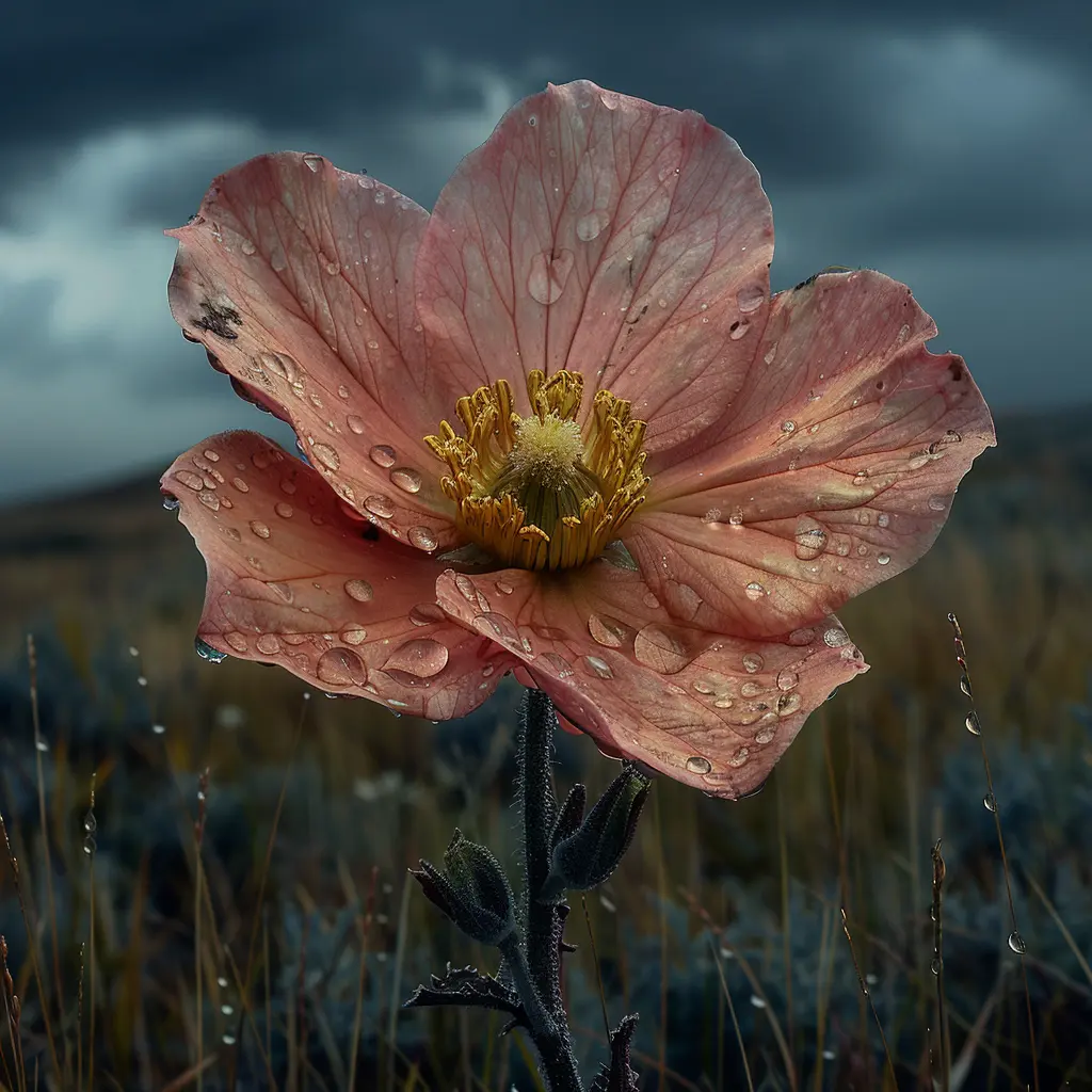 Prairie wildflower close-up with dewdrops, vibrant petals contrasting against vast grassland on the Oregon Trail