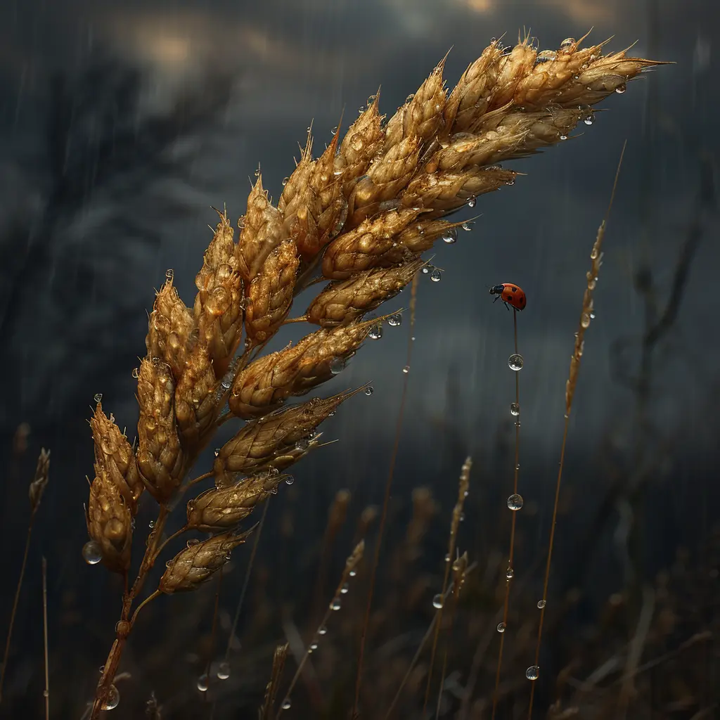 Lone prairie grass blade with rain droplets refracting sunlight, ladybug sheltered at base, surrounded by vast wilderness.