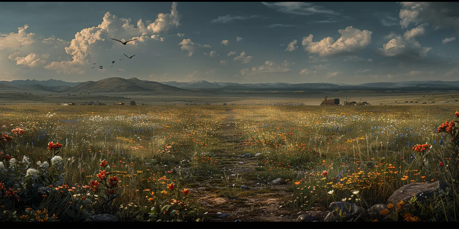 Prairie landscape with wildflowers, wagon train crossing under golden sunlight and blue sky with sparse clouds.