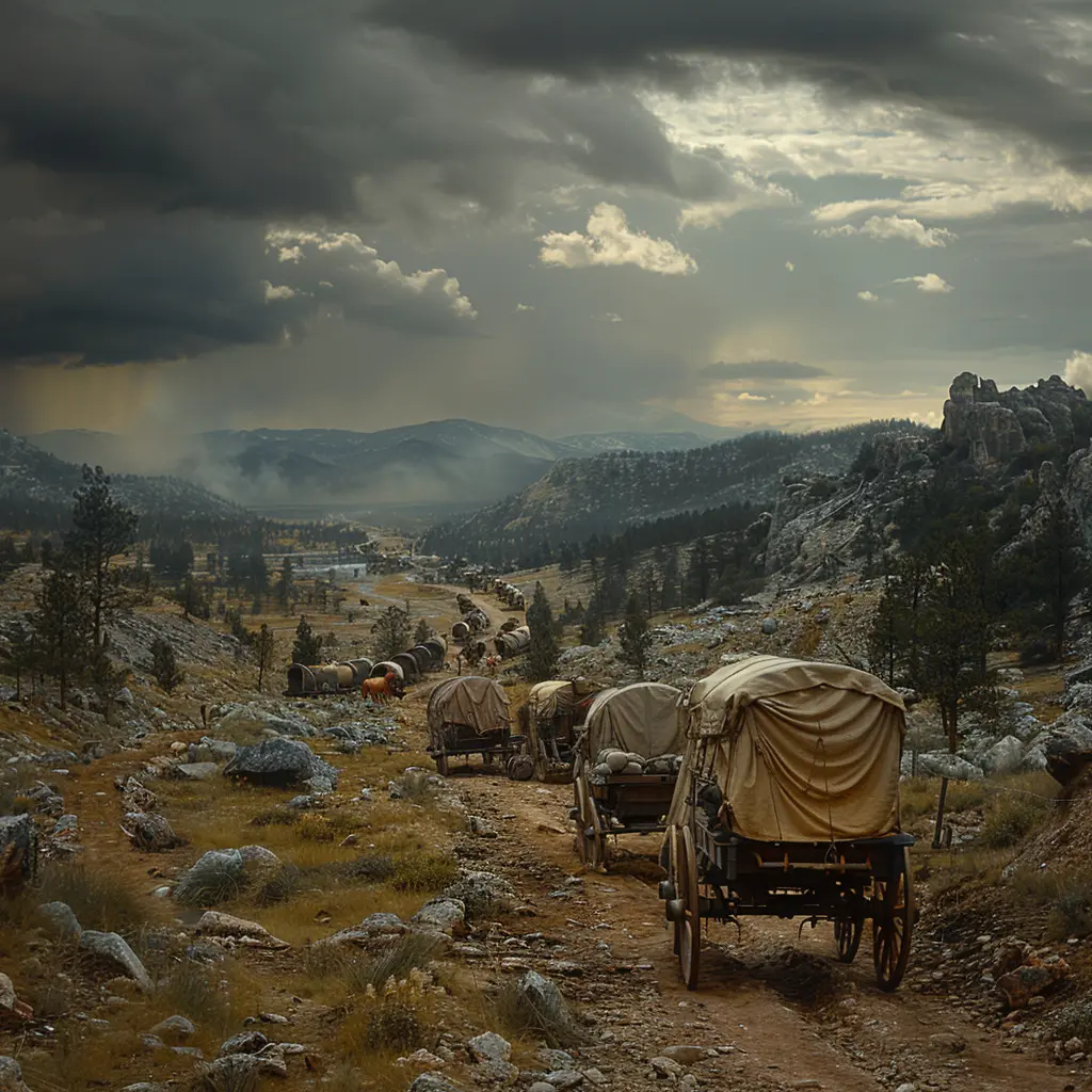 Aerial view of wagon train on Oregon Trail, winding through vast frontier landscape of prairies and mountains.