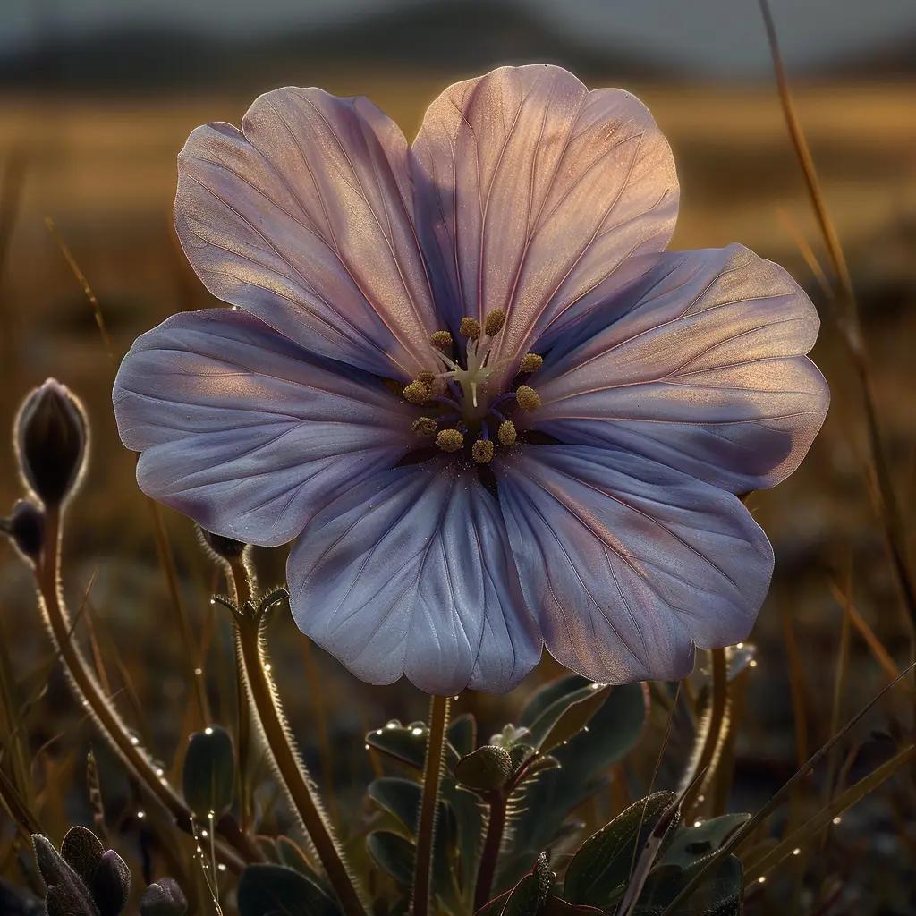 Purple and white wildflower with dewdrops, swaying in prairie breeze against backdrop of golden grass