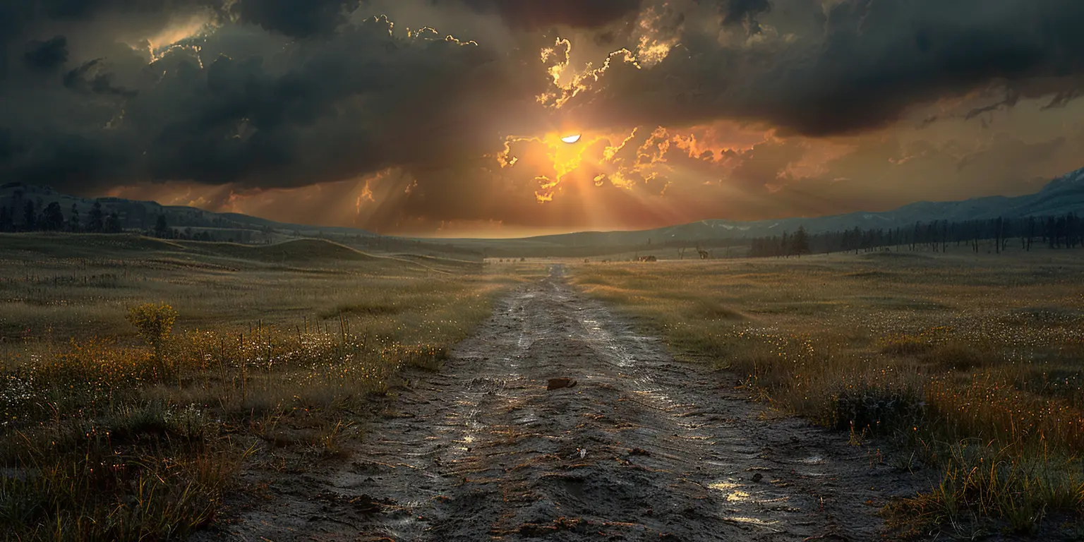Dusty Oregon Trail path carved into prairie, tall grass rippling, rain clouds looming on horizon, foreshadowing pioneer hardships.<br>