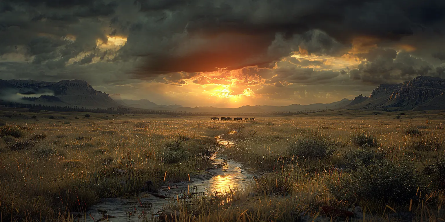 Wagon train circled at sunset on Oregon Trail prairie, with golden grass and distant creek under amber sky