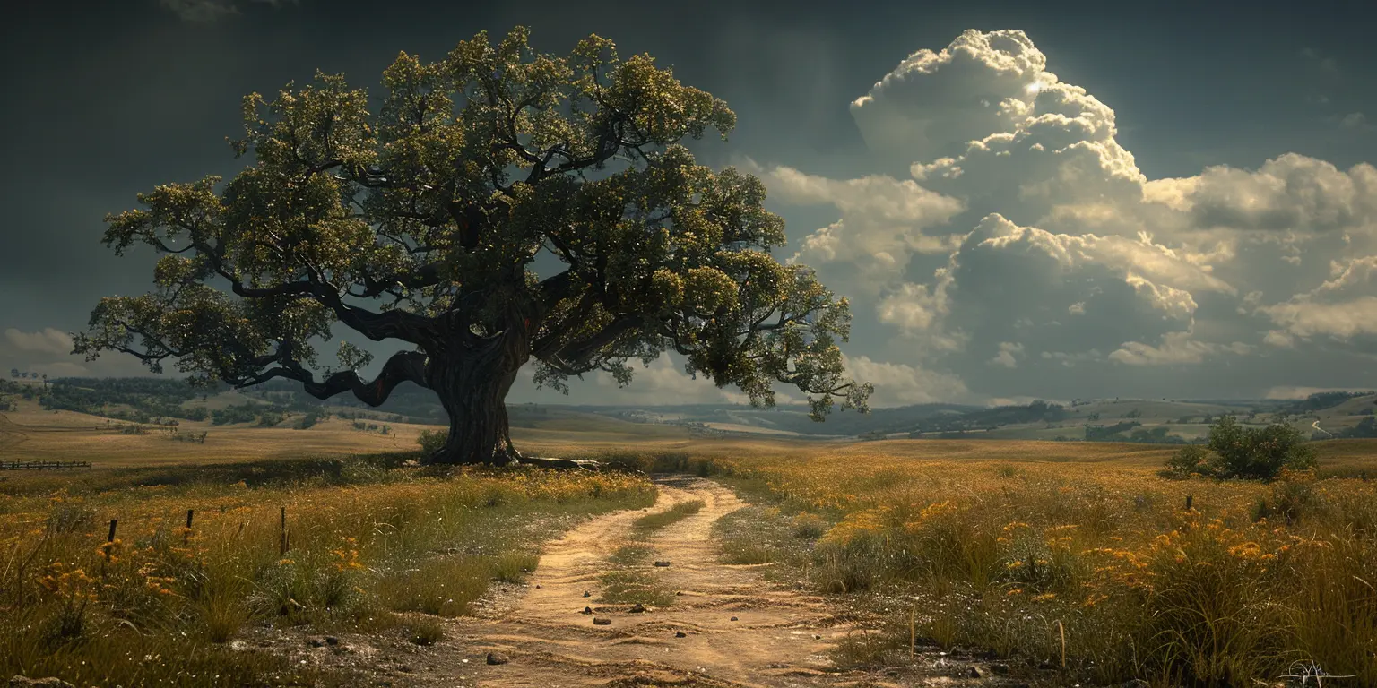 Lonely oak tree under stormy sky on dusty prairie trail with wagon ruts, symbolizing hardship of Oregon Trail journey.<br>