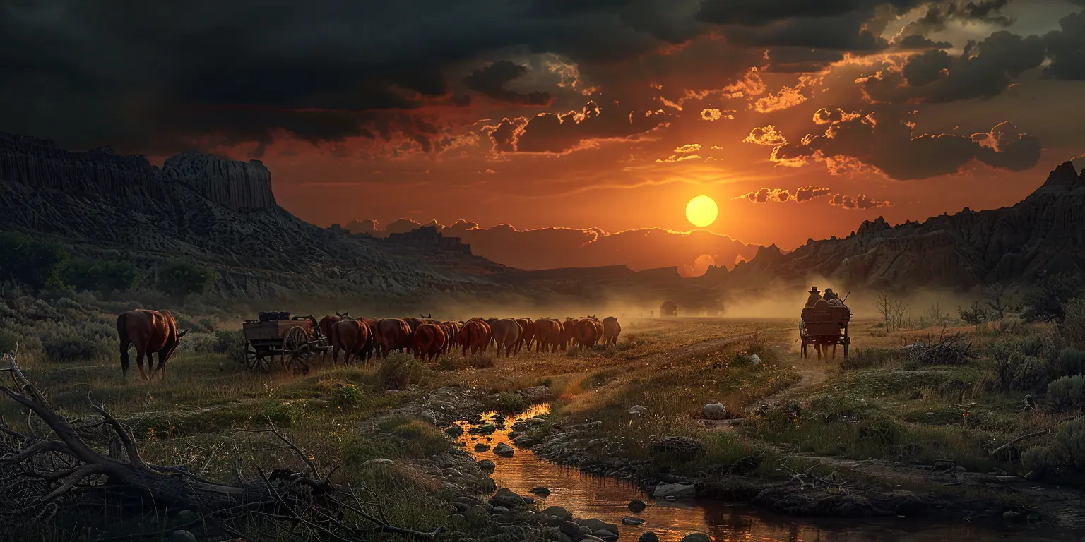 Sunset over wagon train camping by creek in rugged Western landscape with hills silhouetted in purple dusk.